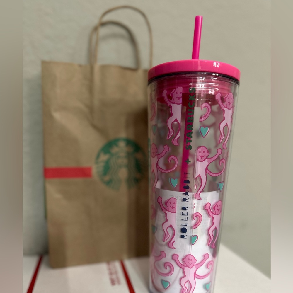Starbucks x Roller Rabbit Pink Monkey Tumbler Cup BRAND NEW